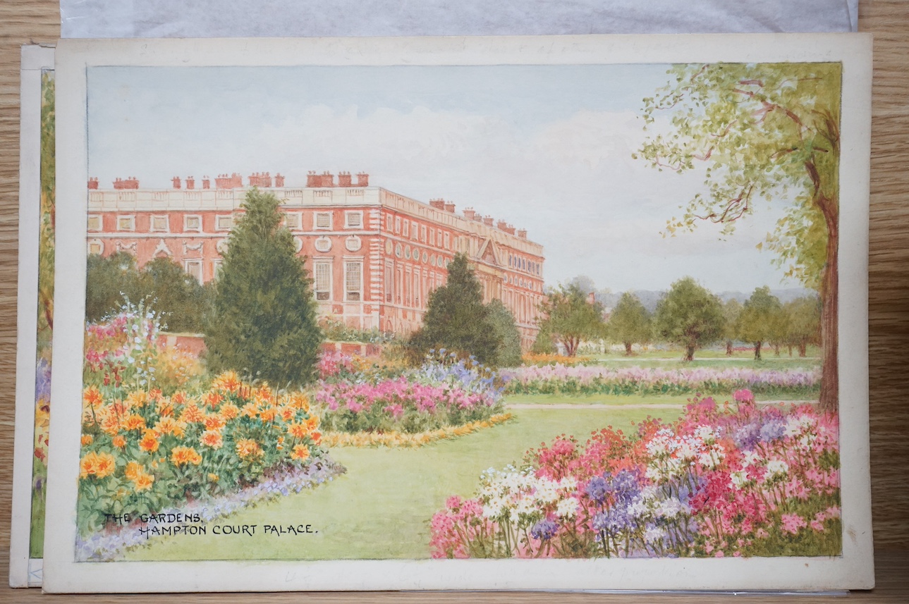 William Affleck, (Aka Carruthers, 1868-1943), a set of three original watercolours for postcard designs, London Palaces comprising; ‘The Gardens, Hampton Court’, ‘Kensington Gardens’ and ‘Buckingham Palace’, two inscribe